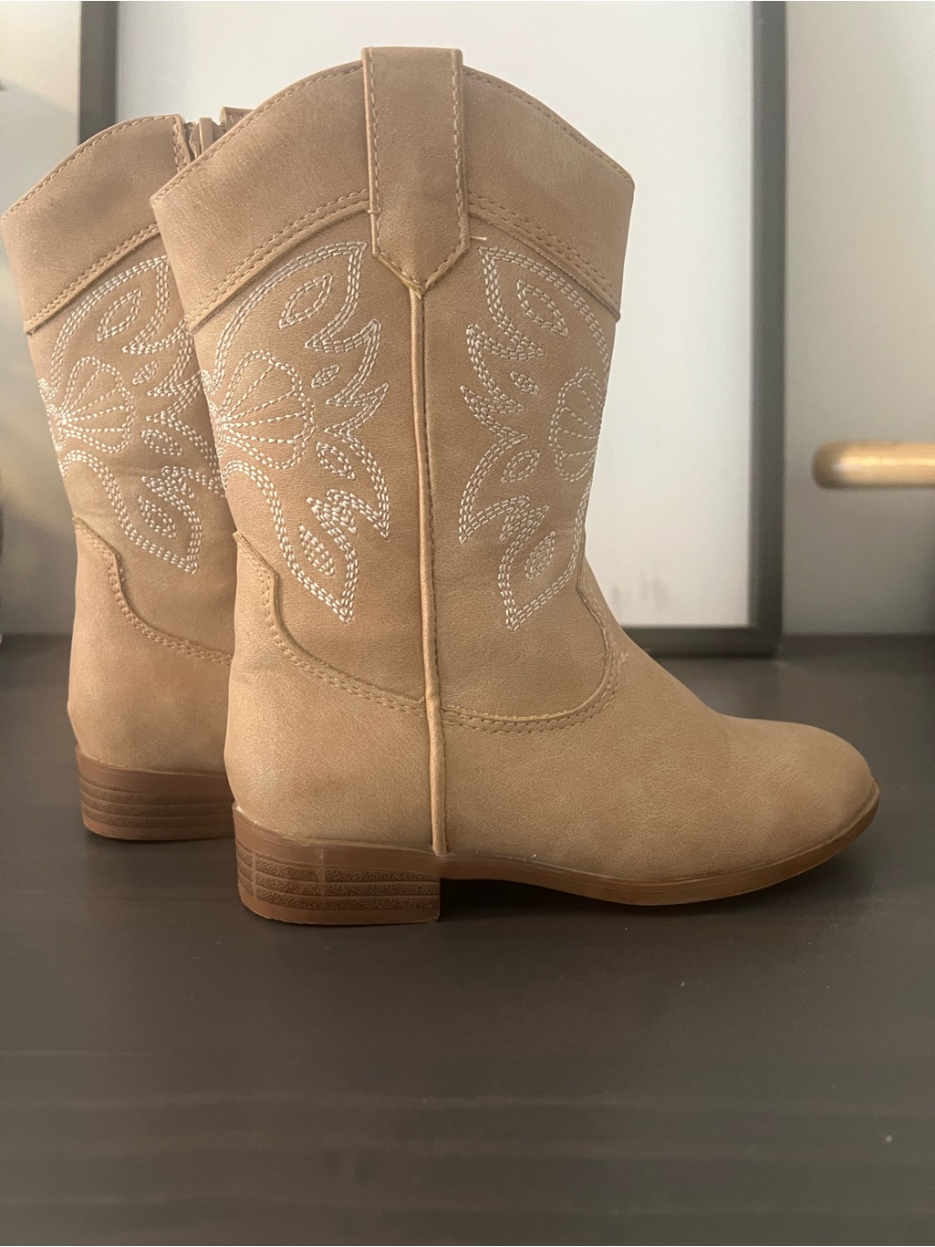 Girls Tan Western Embroidered Mid-Calf Boots